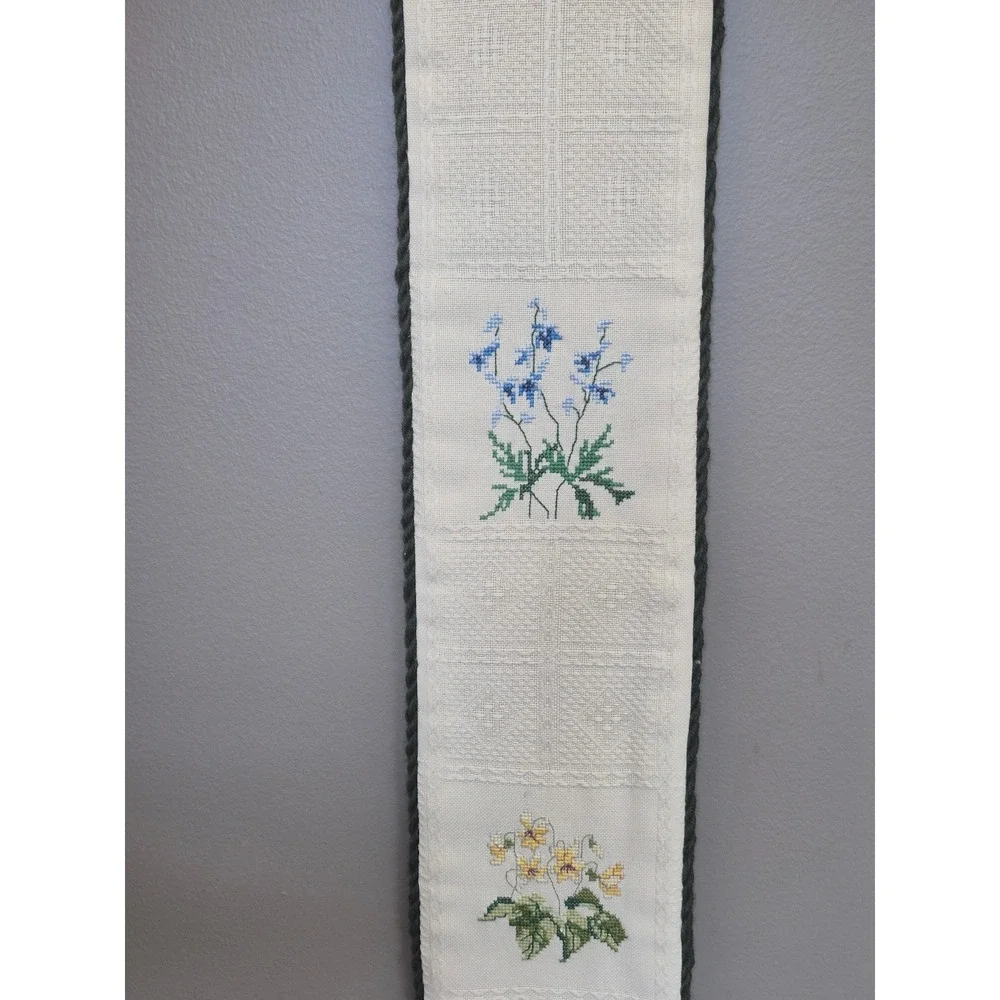 Vintage 5 Ft Floral Cross Stitch Bell Pull Brass Bell Tapestry Wall Hanging 60in